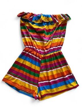 Vintage 80s Rainbow Stripe Strapless Romper Playsuit Ruffle Metallic USA L